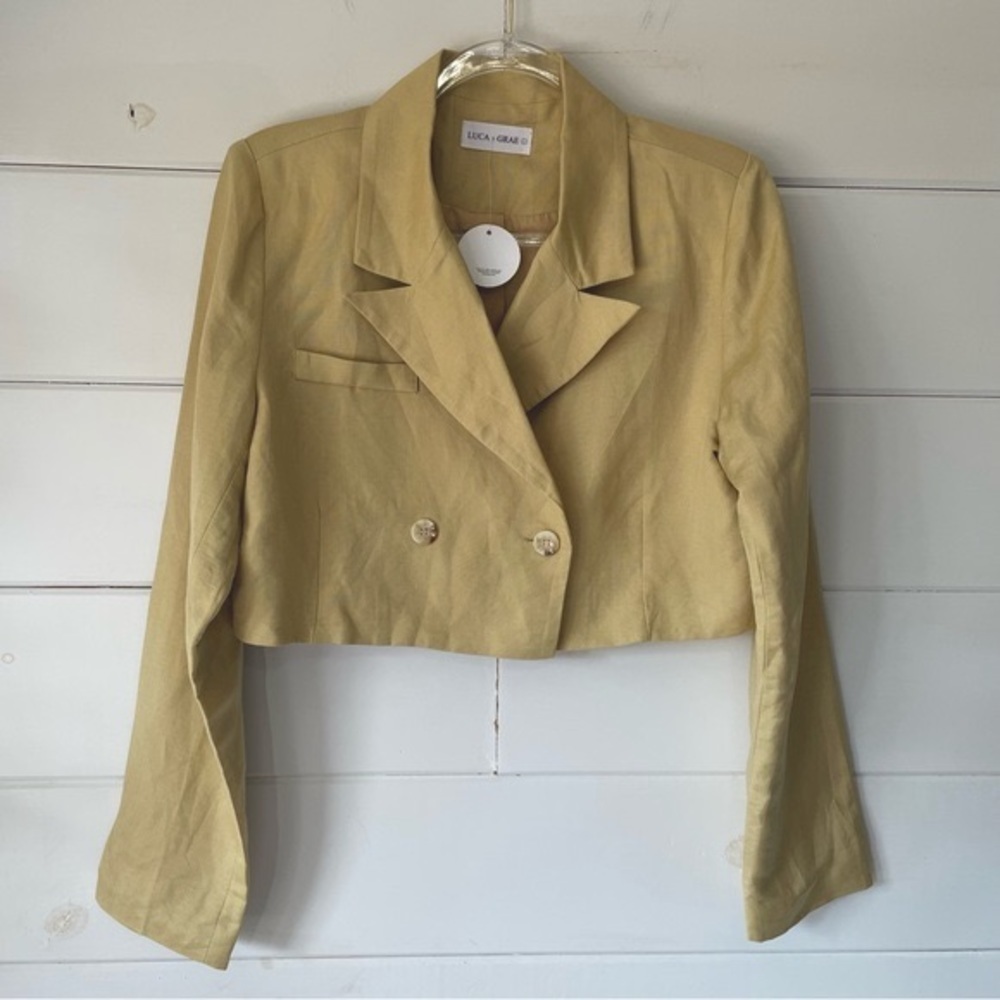 Luca + Grae NWT Golden Wheat Cropped Double Button Lapel Linen Blend Jacket Sz L